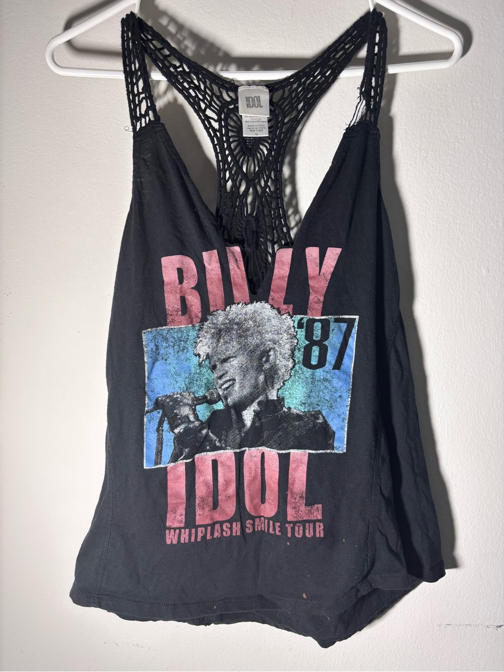 IDOL Women's Black V-Neck Crochet Racerback Billy Idol Graphic Tank Top S